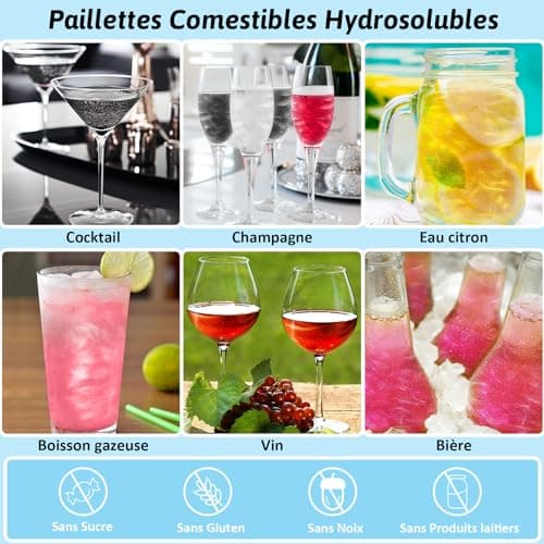 Paillettes Alimentaires Comestibles, 3x4g Colorant Alimentaire Poudre Cocktail Boissons Pour Decoration Gateau, Liqueur, Vin, Champagne, Halloween-Argent, Noir, Rose