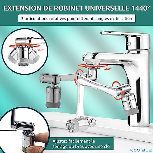 NOVIBLE - Rallonge Robinet Magique Pivotant 1440° - Mousseur Robinet en Laiton avec Douchette pour Cuisine et Salle de Bain - Extension de Robinet Multifonction Rotatif