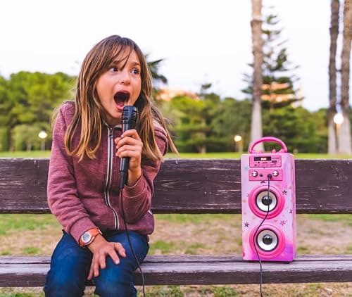 Machine à Karaoké Portable DYNASONIC avec 2 Micros, Enceinte Haut-Parleur Bluetooth, Designs Exclusifs, Lecteur USB/SD, Lumières, Cadeau pour Enfants (Modele 15 lumière)