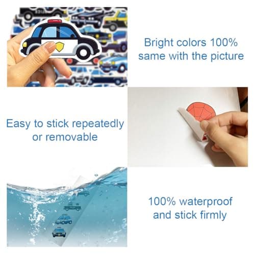 Lot de 100 autocollants pour Voiture de police, Voiture de police stickers en vinyle imperméable, Stickers de Voiture de Police Cartoon pour Enfants, pour téléphone, guitare, skateboard, valise