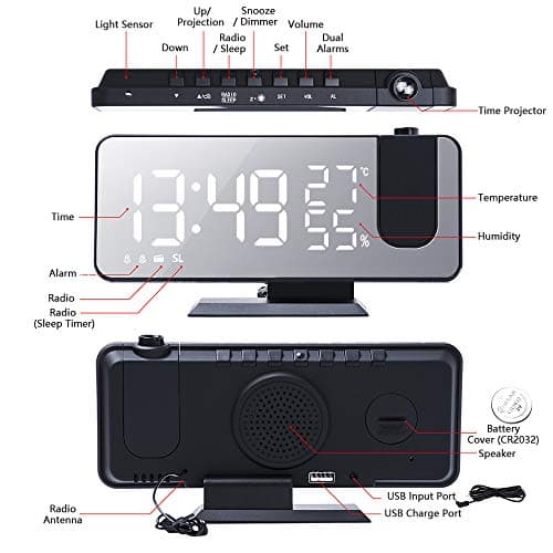Ailgely Réveil Projecteur Plafond sur Secteur,Radio Réveil Projection Plafond,180° Radio Réveil Horloge Digitale Moniteur D'humidité de la Température pour Chambre Chambre d'enfant