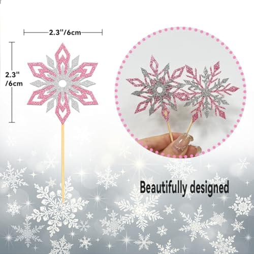 24 pièces Anniversaire Flocon de Neige Cupcake Toppers, Scintillantes Decoration Gâteau Reine des Neiges, Deco Gateau pour Mariage Noël Hiver (Mix Rose)