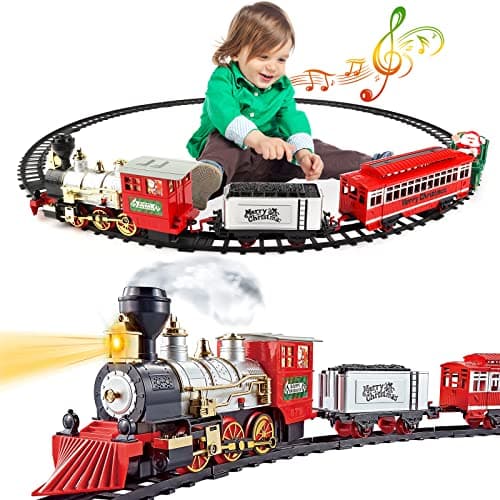 deAO Ensemble de Train Jouet pour Enfants avec phares, Effet de fumée, 4 Wagons et Rails pour NoëlChristmas Theme Classic Trainset - Superbe Accessoire pour Enfants et décoration de Noël
