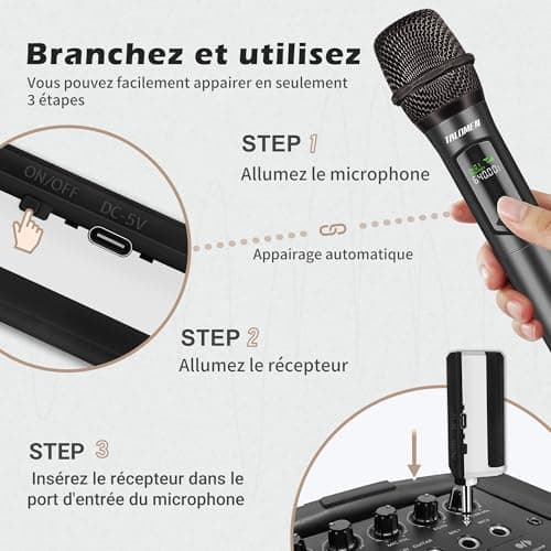 Talomen Microphone sans fil professionnel,système de dual microphone à 2.4 GHz Karaoké Dynamique Rechargeable avec Récepteur,160ft Ext,Idéal pour Karaoké,Chants,Fêtes,Soirées,DJ,Églises,Mariages,K60-2