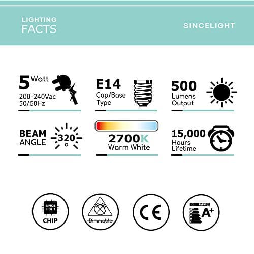 SINCELIGHT Ampoule LED en forme de bougie B35 et culot E14, IRC (RA≈85), Diffuseur laiteux, 5W, Blanc Chaud (2700K), 500lm, Lot de 6