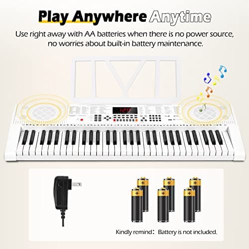Vangoa Clavier électronique 61 Lumineuses Touches avec Support de Clavier de Piano, Microphone, 600 Timbres, 400 Rythmes, 30 Démos, Blanc