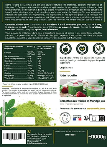 Poudre de feuilles de Moringa Bio 1KG | Vitamine A, Antioxydant, Détox, Peau | Qualité Supérieure