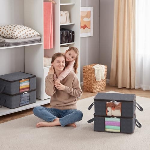 Lifewit Lot de 3 Sac de Rangement Vetement 35L, Boîte de Rangement sous lit Pliable, Housse Rangement Couette Organisateur de Placard, Fenêtre Transparente en Tissu Solide pour Les Vêtements, Gris