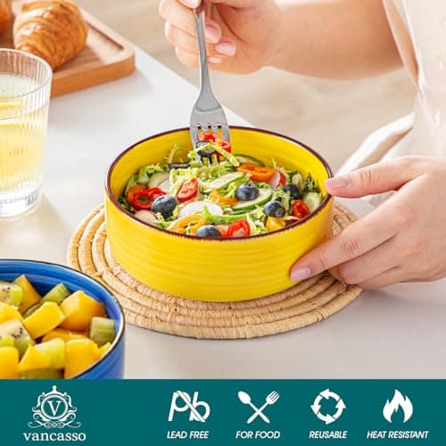 vancasso Série BONITA Lot de 6 Bols à Petit Déjeuner en Grès de 720 ml, 14.6cm Bol Ramen, Bol à Céréales, Passe au Lave-vaisselle et au Micro-ondes, pour Salade, Porridge, Riz, Multicoloré