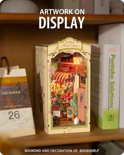 Rolife Book Nook Coin des Fleurs Booknook avec Lumière LED Kit Maisons de Poupées DIY Maison Miniature Puzzle en Bois 3D pour Adultes Bibliothèque Décoration Cadeau d'anniversaire