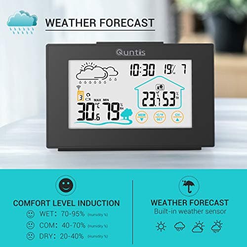 Station Météo, Quntis Thermomètre Hygromètre 3 Canaux Sans Fil Intérieure Extérieure avec Ecran Tactile à Capteur Extérieur, Thermomètre Numérique avec Prévisions Météo, Heure, Réveil - Noir