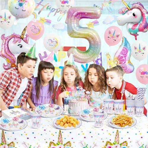 KQMGJYB Anniversaire Licorne Decoration Fille,5 Ans Licorne Vaisselle Anniversaire,Gobelets Serviettes Couverts Nappe Ballon Licorne pour 5 Ans Decoration Anniversaire 16 Invités