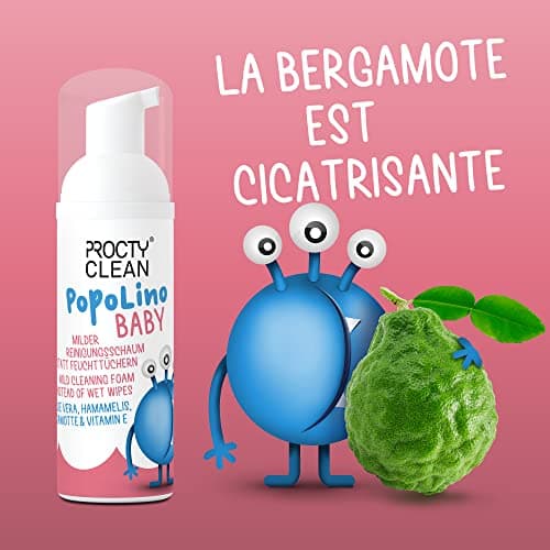 ProctyClean PopoLino Baby Mousse nettoyante douce au lieu de lingettes humides. Rend les fesses et l'environnement heureux avec aloe vera, hamamelis, begamotte et vitamine E
