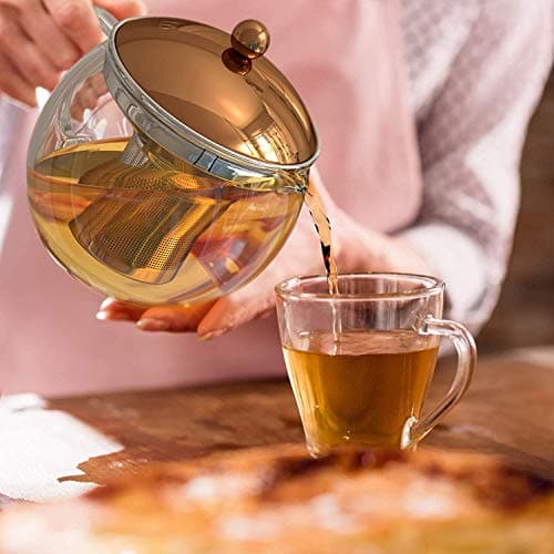 bonVIVO Théière avec Infuseur à Thé TEMPA avec Passoire en Inox Amovible, Théière pour Thé en Vrac, Theiere en Verre Borosilicaté Résistant à La Chaleur avec Couvercle en Cuivre, 1,5 Litre