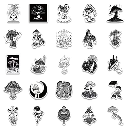 Goth Style Mushroom Lot de 50 autocollants gothiques esthétiques noirs et blancs imperméables en vinyle décoratif petits autocollants pour guitare, bouteille d'eau, bagages, tablette, téléphone,