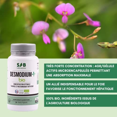Desmodium + Bio - Détox du Foie - Fonctionnement Hépatique - Riche en Minéraux et Vitamines - 30 gélules - SFB Laboratoires