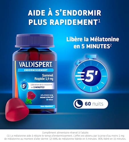 VALDISPERT - Endormissement - Gommes Sommeil Rapide 1,9 mg - Complément Alimentaire À La Mélatonine 1,9mg & extrait Mélisse - Libération En 5 Min - Goût Fruits Rouges - Ingrédients Vegan - 60 Gummies