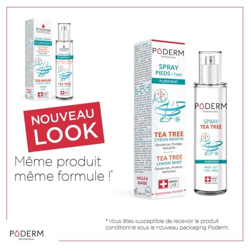 PODERM - MYCOSE PIEDS ATHLETES SPRAY TEA TREE 3en1 | Désodorisant (anti odeur), anti transpirant et purifiant | Élimine 99,9% des champignons | Soin professionnel pied | Facile & rapide | Swiss Made