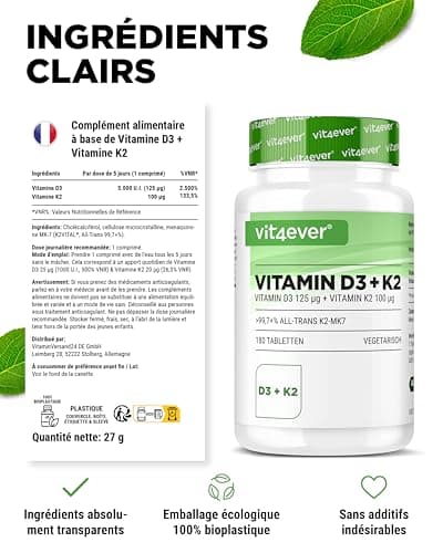 Vitamine D3 + K2 Depot - 180 comprimés - Matière première de première qualité : 99,7+% All-Trans (K2VITAL® de Kappa) - Avec 5000 U.I. de vitamine D3 par comprimé - Hautement dosé