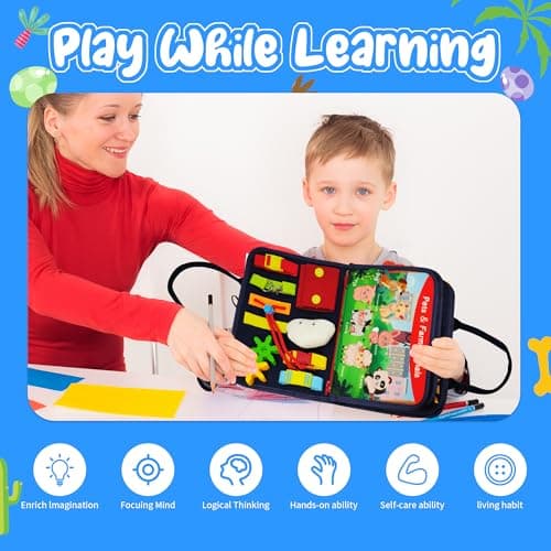 TenFans Busy Board - Jouet Montessori pour 1 2 3 4 Ans - Jouets sensoriels - Cadeaux pour garçons pour Apprendre la motricité Fine - Activités éducatives - Jouet de Voyage pour Voiture et Avion