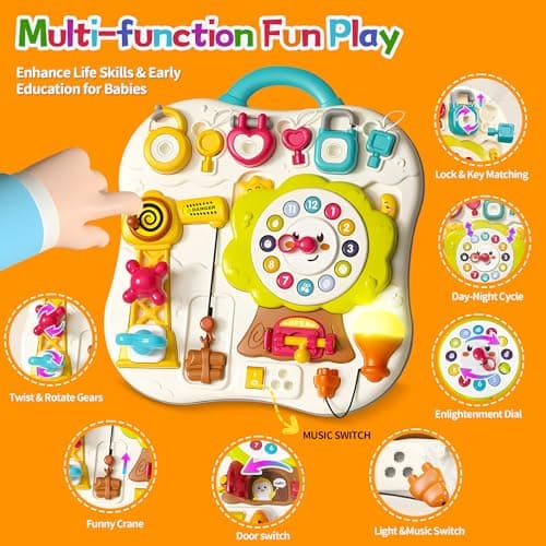 ROHSCE Montessori Busy Board - Tableau de Motricité Éducatif pour Bébé 1 à 3 Ans avec 13 Activités Musicales et Lumières LED, Jeux Sensoriels, Activités de Motricité Fine