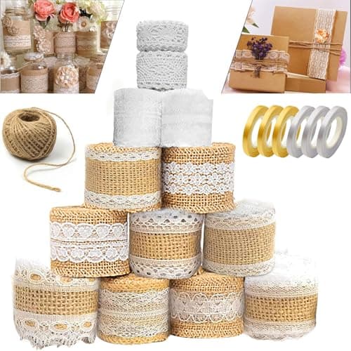 13 Pièces Ruban Dentelle, Toile Ruban Jute Natuelle, Uban Jute Dentelle Toile Ruban Toil Jute, Ruban de Jute Naturel, Ruban Cadeau Emballages,Ruban Dentel pour Cadeaux Bricolage Deco Mariage Champetre
