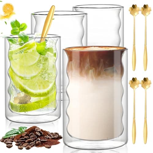 4 PCS Verres à Latte Macchiato, 350ml Tasse en Verre à Double Paroi of Avec 4 Cuillères, Verres à Double Paroi Borosilicaté, Tasse Double Paroi Couche Convient Pour Café,Boisson,Bière