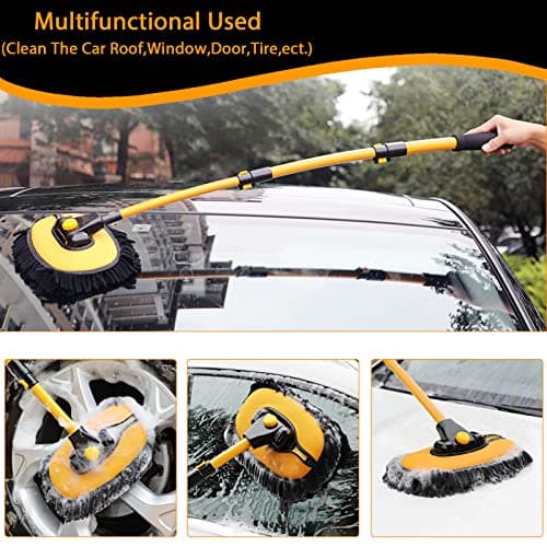 Inclinable 15° Brosse Lavage Voiture avec Manche Telescopique Rétractable 43" Alliage D’Aluminium Kit Balai Spéciale Nettoyage De Caravane Camion Outils De Chenille Microfibre Vadrouille Anti Rayure