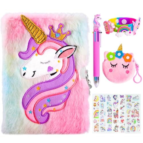 PESLNG Agenda secret pour filles avec cadenas, carnet de voyage en peluche, carnet privé avec stylo multicolore, bracelet, porte-monnaie mignon et 6 autocollants - Cadeau pour filles avec licornes