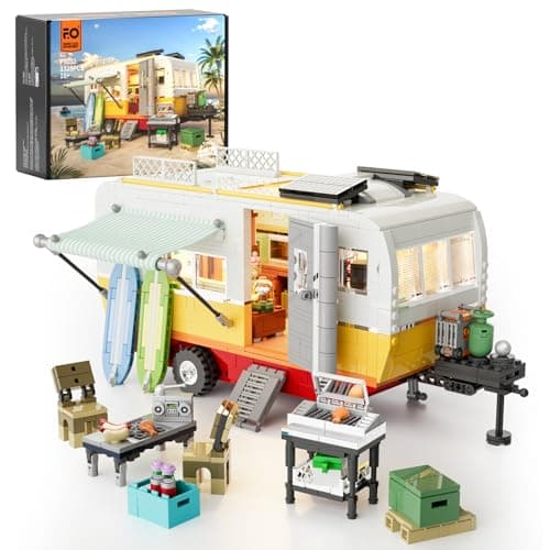 FUNWHOLE Caravane de Voyage - Ensemble de Construction en Briques Éclairées, Van Classique de Plage avec Lumières LED, Modèle de 1325 Pièces pour Adultes et Adolescents
