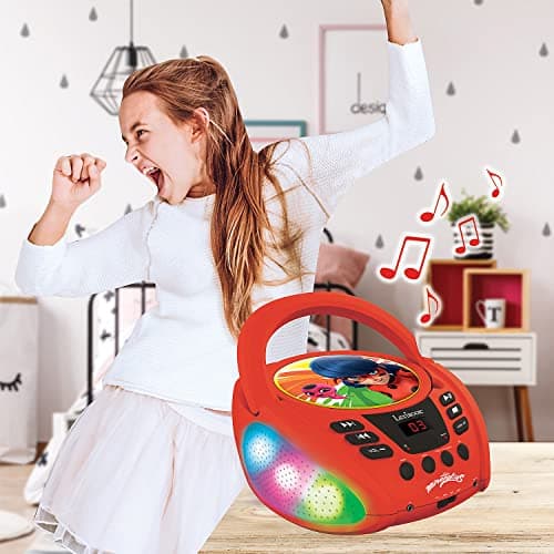Lexibook - Miraculous Ladybug Chat Noir - Lecteur CD Bluetooth pour Enfants - Portable, Effets Lumineux, Prise Micro, Entrée aux-in, Pile ou Secteur, Filles, Garçons, Rouge - RCD109MI