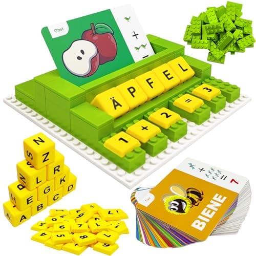 Jeu Éducatif d'Orthographe Allemande, Jouet Montessori à Partir de 3 4 5 Ans Bloc Puzzle avec 64 Cartes Flash Jeux d'apprentissage des Lettres Cadeau pour Fille Garçon à Partir de 3 à 6 Ans