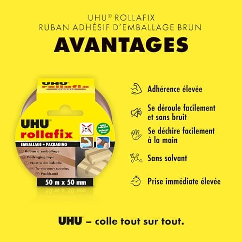 UHU Rollafix - Rubans adhésif d'emballage brun, lot 3 rubans 50m x 50mm