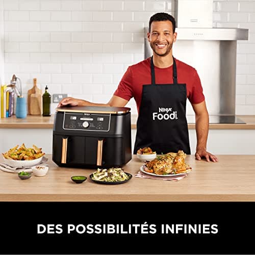 NINJA Foodi MAX Dual Zone Air Fryer, 2 Tiroirs, 9,5L, 6-en-1, Sans Huile, Air Fry, Max Crisp, Rôtir, Cuire, Paniers Antiadhésifs Lavables Au Lave-Vaisselle, Cuivre/Noir Exclusivité Amazon AF400EUCP