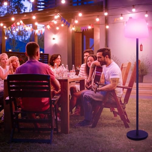 Licmic Lampadaire solaire d'extérieur avec capteur de lumière, à intensité variable, blanc chaud et RVB, lampe sur pied, sans fil, rechargeable, étanche, pour terrasse, jardin.
