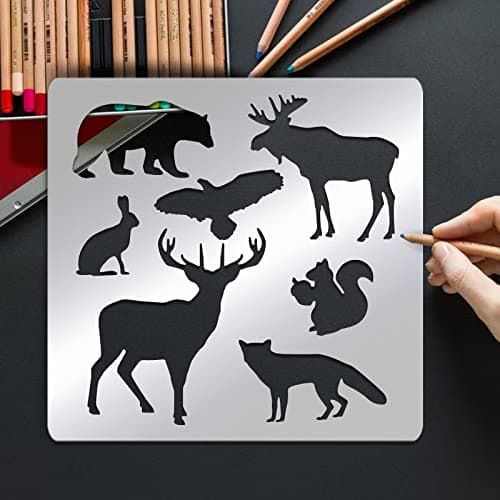 BENECREAT 15.6x15.6 cm Pochoirs en Acier Inoxydable à Motif Animal, Modèle de Peinture Réutilisable Ours Aigle Lapin Renard Pin Arbre Aigle pour Bricolage, Gravure, Scrapbooking