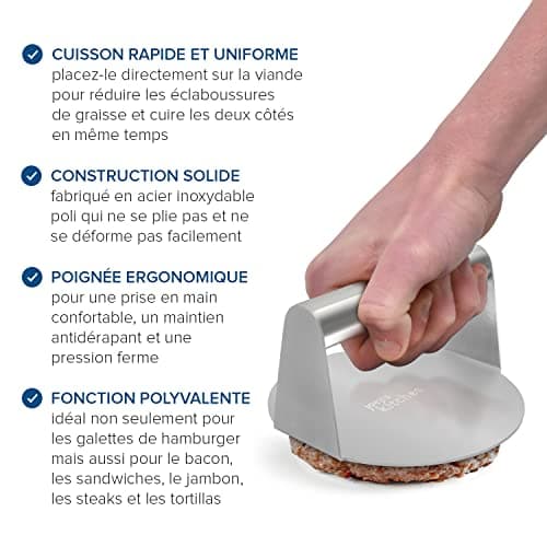 joeji's Kitchen Presse à Hamburger en Acier Inoxydable - 14 cm - Smash Burger pour Le Barbecue, pour des Steak haché cuit à la Perfection et des Burger Bien juteux...