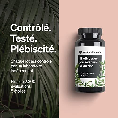 Biotine 1000 μg – Zinc 10mg avec Sélénium 55 μg – 365 Comprimés pour pousse cheveux (1 an d'approvisionnement) – Favorise la Repousse des Cheveux, la Peau et des Ongles – 100% Végétalien