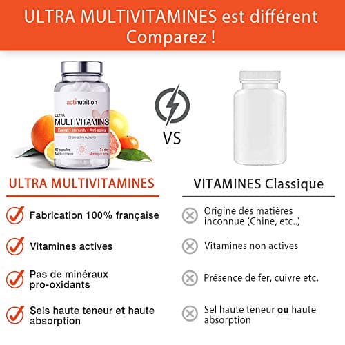 ULTRA Multivitamines | 29 Nutriments Bio-actifs dont Vitamines C & D + Ferments Lactiques | 90 gélules | Pour Vitalité, Immunité et Stress | Fabriqué en France par Actinutrition