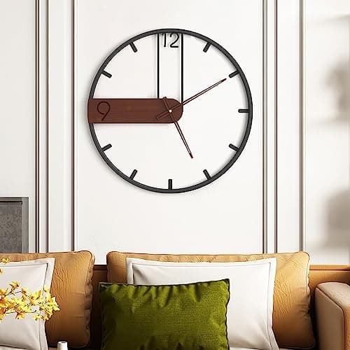 Yumyolk Horloge Murale à Cadre Rond Noir 60cm Mains en Bois Brunes Silencieuse Design Moderne Pendules murales pour la Décoration d'art de Bureau de Salon de Chambre à Coucher