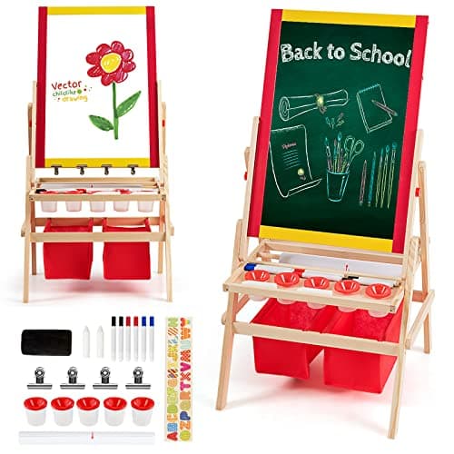 DREAMADE Chevalet Enfants Multifonctionnel 3 en 1, Tableau à Dessin Magnétique sur Pieds avec 3 Hauteurs Réglables, Double Face de Tableau Noir et Tableau Blanc, Autocollants Magnétiques
