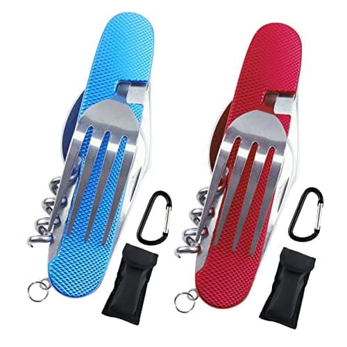 cersaty® Lot de 2 Couverts de Camping, Couverts Pliant 6 en 1 pour Voyage, Camping, Pique Nique (Couteau, Fourchette, Cuillère, Tire Bouchon, Perceuse, Couteau en Aluminium)