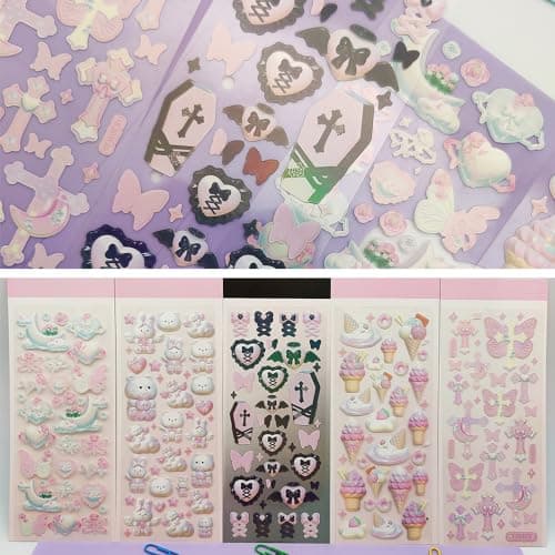UMCHU 5 Feuilles Autocollants 3D,Gommettes Paillettes,Autocollants ours, lapin, papillon, cœur foncé, crème glacée,pour ordinateur portable DIY Scrapbook(5 styles)