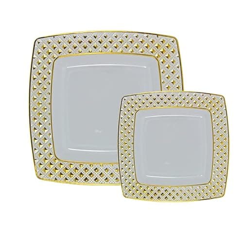 Decor Decorline - Ensemble Vaisselles d'assiettes Plastic Réutilisables de 40 pièces/Pour 20 Personnes - Collection Diamond - Oré - Assiettes Dîner & Entrée Dessert (20x25cm & 20x20cm)