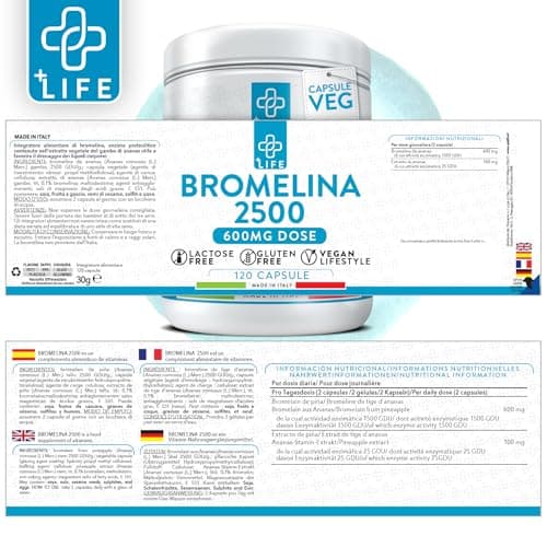 Bromelaine Draineur 2500 GDU/g 120 Capsules PiuLife® 700mg Bromélaïne Plus Extrait D' Ananas Drainant Naturel (2 Par Dose), Enzymes Digestives, Ballonnement Abdominal Digestion, Microcirculation