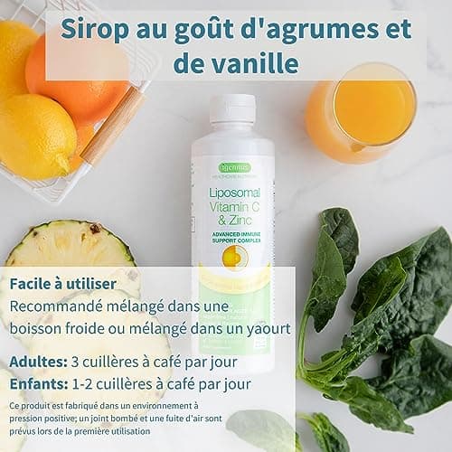 Vitamine C Liposomale 1000 mg Liquide avec Zinc, Cuivre et Sélénium - Système Immunitaire & Réduction de la Fatigue - Goût d'agrumes et vanille, Adultes et Enfants, 30 – 90 portions