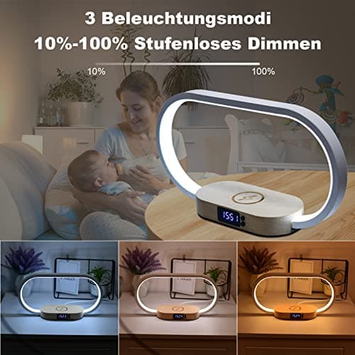 Lampe de Chevet Chargeur sans Fil, Tactile avec Port USB, Chargeur Induction avec L'horloge, Lampe de Table avec 3 Modes de Couleur et Intensité Variable, Bois&Blanc