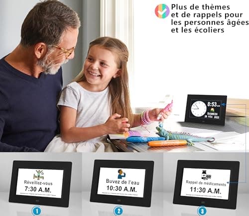Véfaîî 【2024 New】 19 Alarmes Horloge numérique Horloge de Jour Grand écran réveil Horloge Murale, Non-Abrégée Auto Dimming 5 Langues, HD Display