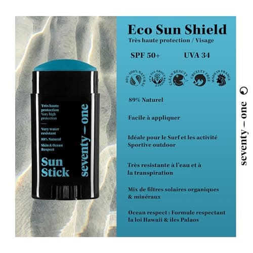 SeventyOne Percent | The Ocean Blue : Sun Stick SPF 50+ | Stick Solaire Visage Vegan - Très Haute Protection | Très resistant à l’eau | UVA 34 | 87% Naturel - Made in France | 15 gr