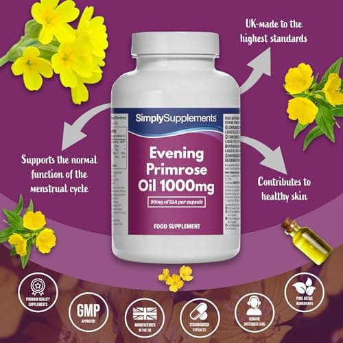 Huile d'Onagre Super Forte 1000mg | 120 gélules à libération rapide | Soutien à l'équilibre hormonal, Formule pour une peau saine avec Vitamine B6 | Approuvé par les BPF | Fabriqué au Royaume-Uni